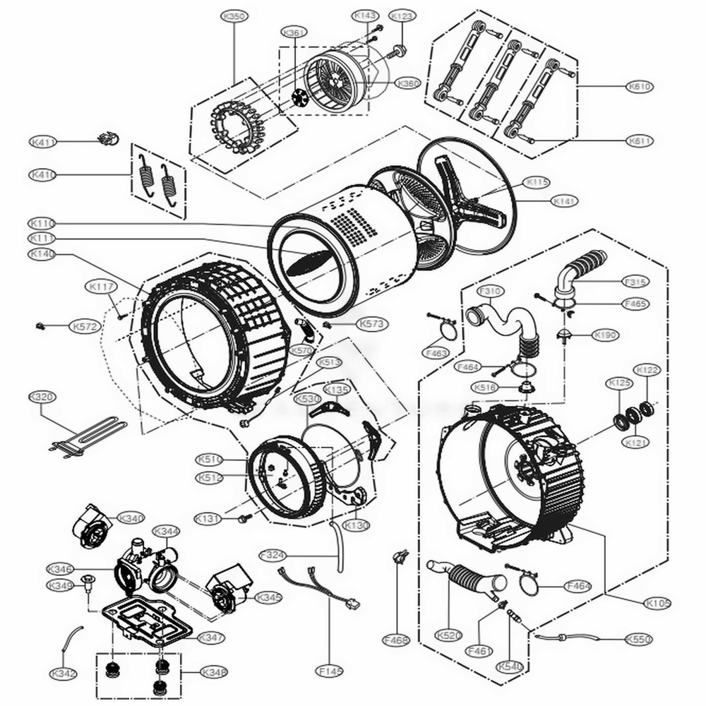 Drum And Tub Assembly Diagram and Parts List for WM5005HKA ABSEEUS LG Washer