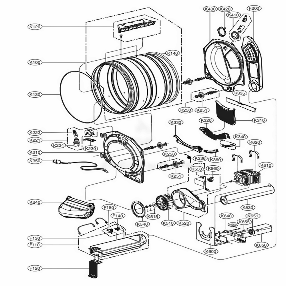 Drum And Motor Assembly Electric Type Diagram and Parts List for DLEX3370W ABWEEUS LG Dryer