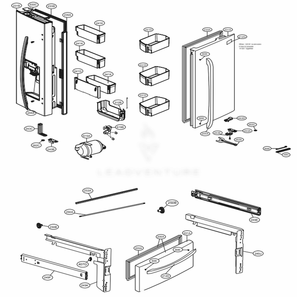 Door Parts Diagram and Parts List for 73107 ASBCSE2 LG Refrigerator