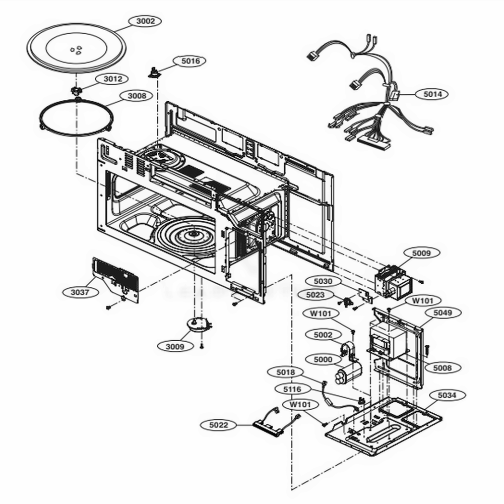 Interior Parts 1 Diagram and Parts List for LMV2031SW CWHELGA LG Microwave