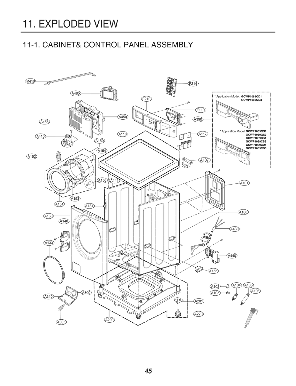 Cabinet& Control Panel Assembly Diagram and Parts List for FH069FD7P ABWEELC LG Washer