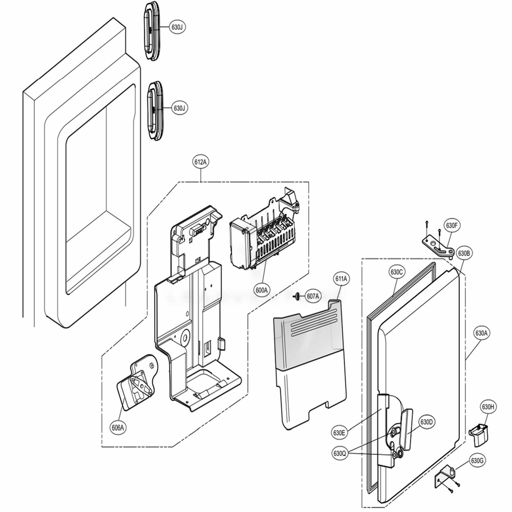 Ice Maker And Ice Bin Parts Diagram and Parts List for 72483 ASTCSE1 LG Refrigerator