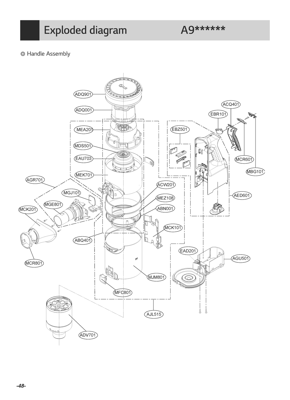 Handle Assembly Diagram and Parts List for VS9713NBSWH BVWELGA LG Canister Vacuum