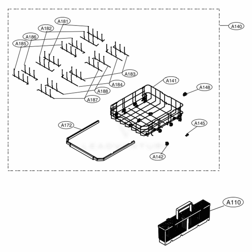 Lower Rack Assembly Diagram and Parts List for LDT7797ST ASTEEUS LG Dishwasher