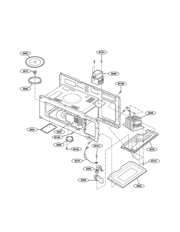 Interior Parts Diagram and Parts List for MV1502B-01  LG Microwave