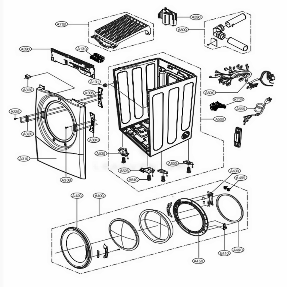 Cabinet And Door Assembly: Gas Type Diagram and Parts List for DLGX3901W ABWEEUS LG Dryer