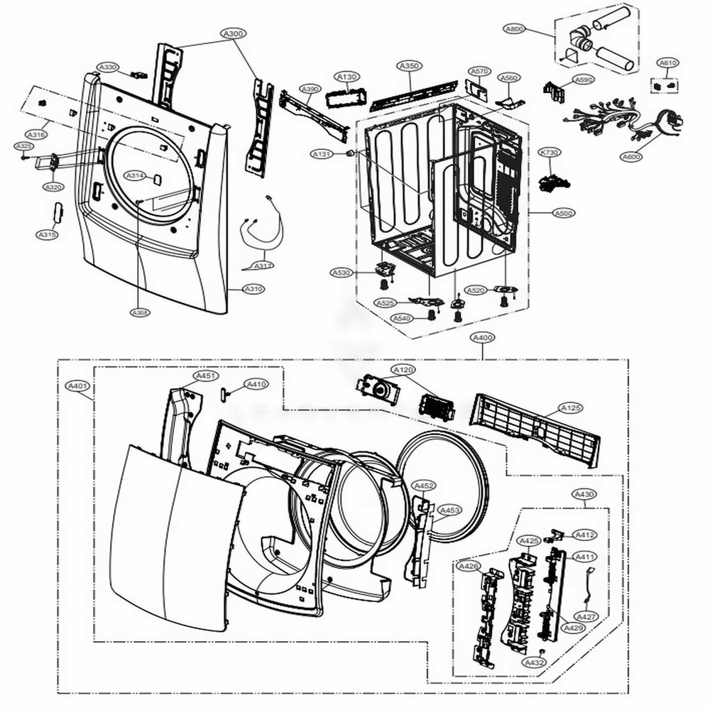 Cabinet And Door Assembly - Full Touch Diagram and Parts List for DLEX9500V ASSEEUS LG Dryer