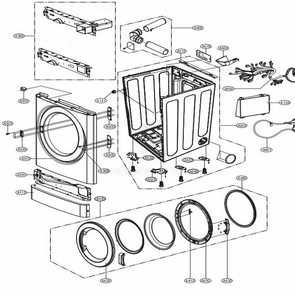 Cabinet And Door Assembly - Electric Stack Lower Type Diagram and Parts List for GDL1329CES7 ASSEELC LG Dryer