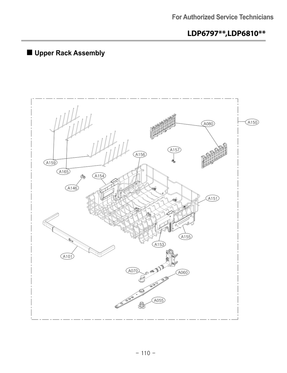 Upper Rack Assembly Diagram and Parts List for DUA315HB ABPEEUS LG Dishwasher