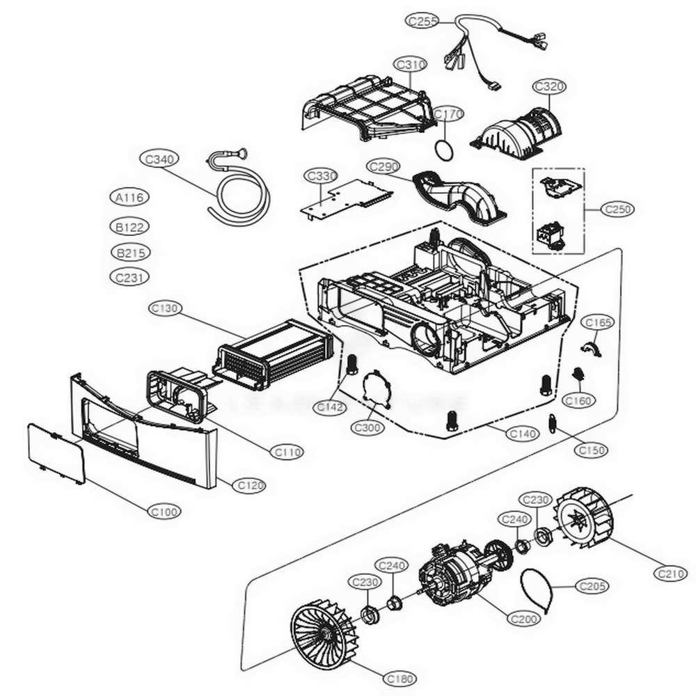 Base And Motor Assembly Diagram and Parts List for DLEC885W ABWEEUS LG Dryer