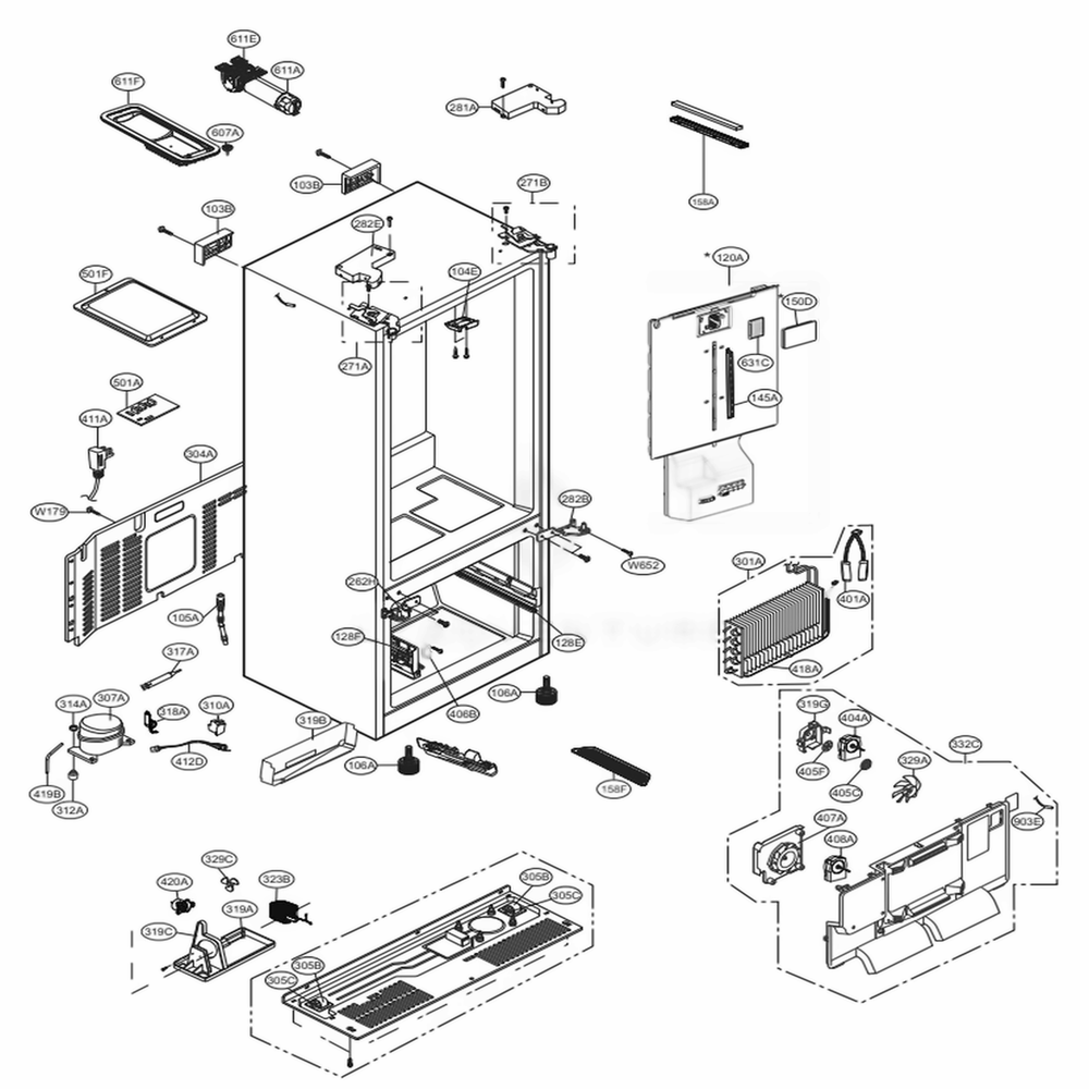 Case Parts Diagram and Parts List for LRFXS2503S ASTCNA0 LG Refrigerator