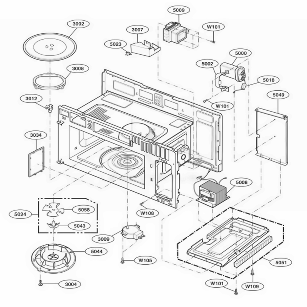 Interior Parts 1 Diagram and Parts List for LMV2053SW AW1ELGA LG Microwave