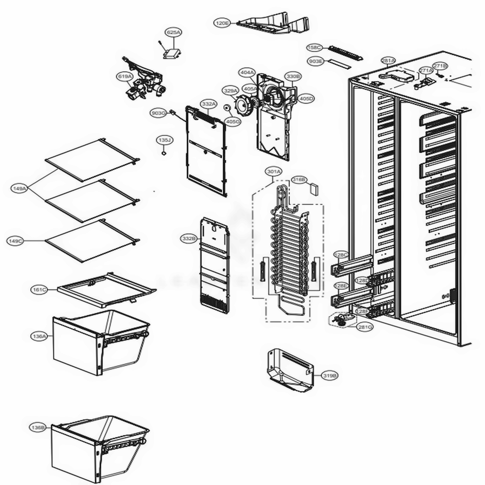 Freezer Compartment Diagram and Parts List for LSXS26326S ASTCNA6 LG Refrigerator