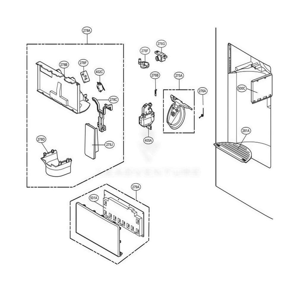 Dispenser Parts Diagram and Parts List for 73053 ASTCSE0 LG Refrigerator
