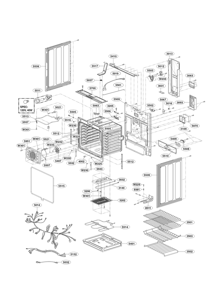 Cavity Assembly Parts Diagram and Parts List for LRE3085ST  LG Range