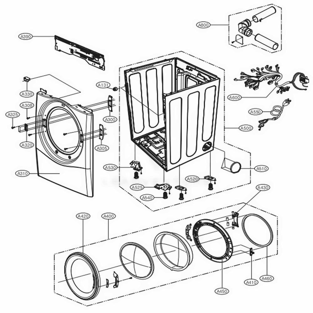 Cabinet And Door Assembly Gas Type Diagram and Parts List for 35044262 ABWEEUS LG Washer Dryer Combo