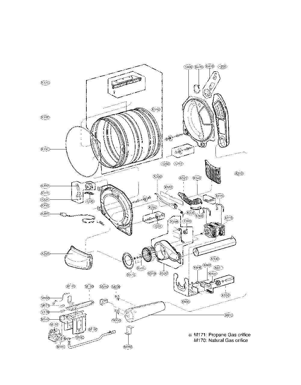 Drum and motor parts Diagram and Parts List for 79691582410  Kenmore Dryer