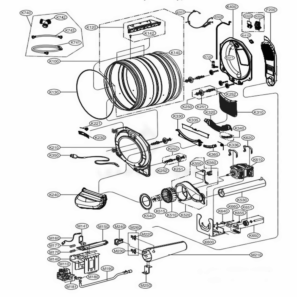 Drum And Motor Assembly Gas Type Diagram and Parts List for DLGX3701V ASSEEUS LG Dryer