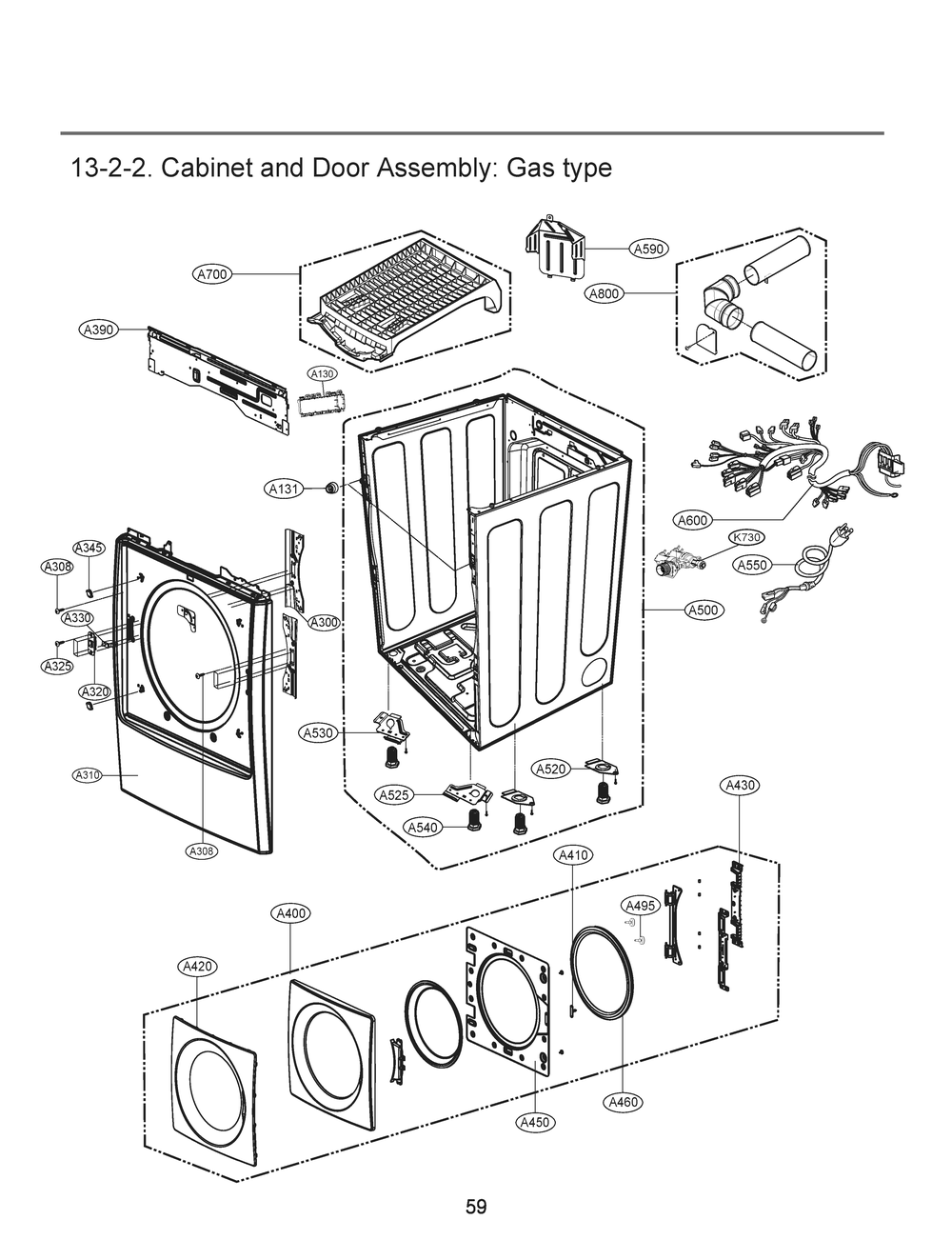 Cabinet And Door Assembly Diagram and Parts List for RN13B5AS ABWESEU LG Dryer