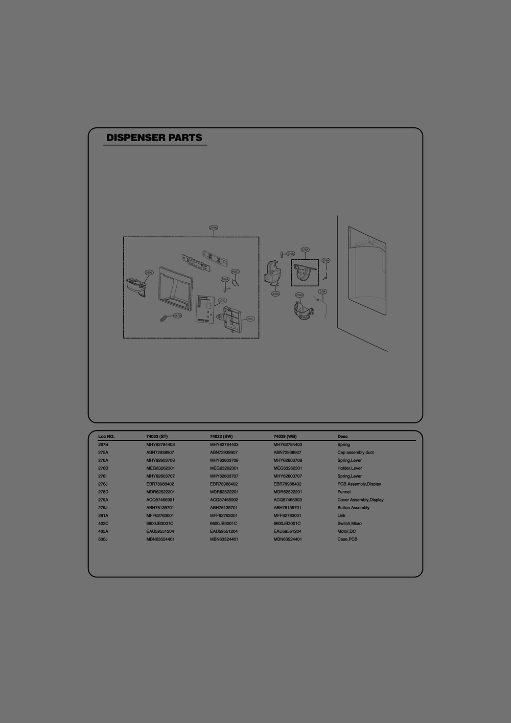 Dispenser Parts Diagram and Parts List for GR-J318LSTM ASTCSE1 LG Refrigerator