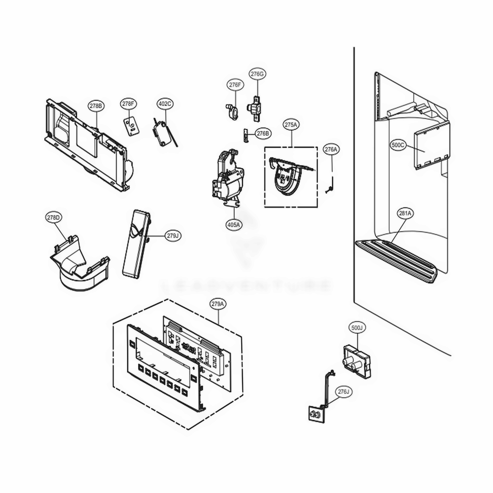 Dispenser Parts Diagram and Parts List for 72182 ASWCSE0 LG Refrigerator