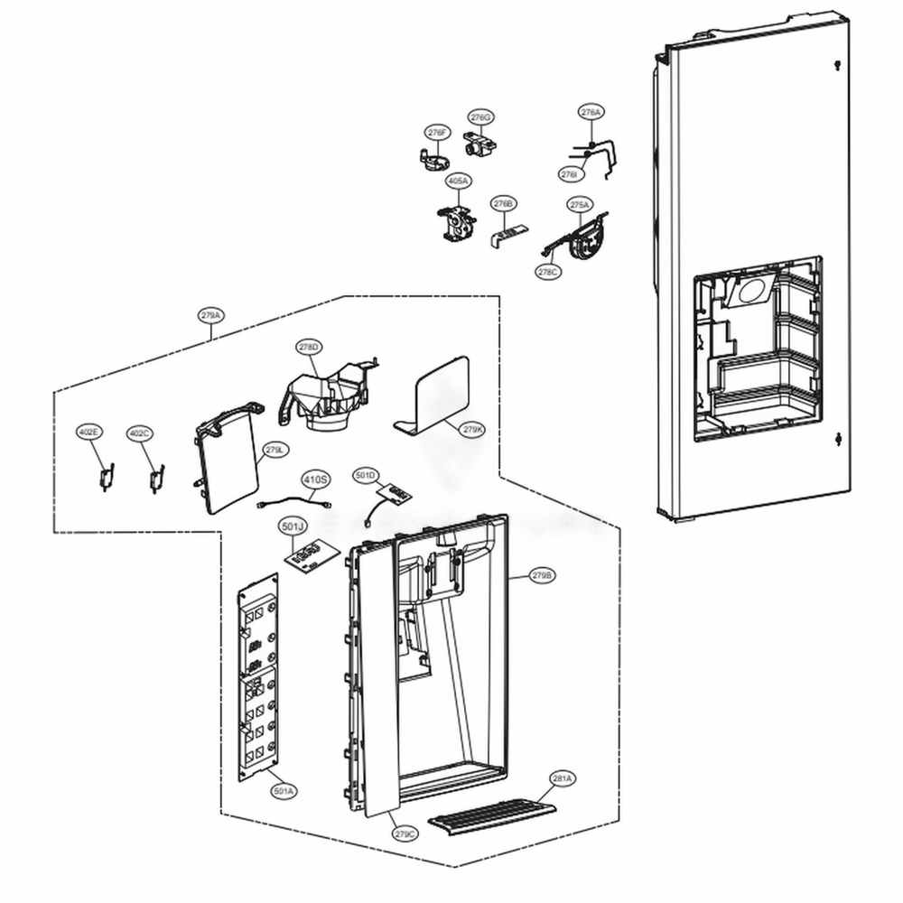 Dispenser Parts Diagram and Parts List for LFXC24796S ASTCNA0 LG Refrigerator