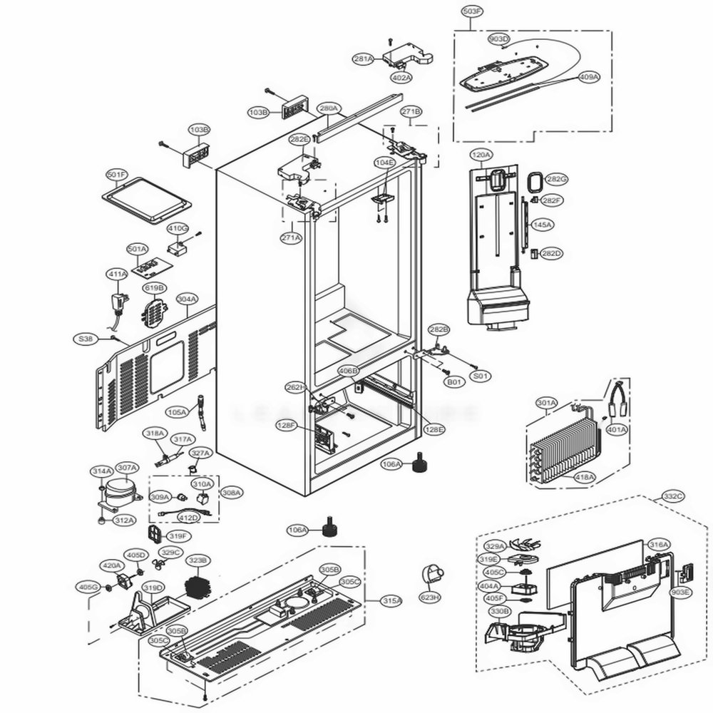Case Parts Diagram and Parts List for LFNS22520D ASBCNA0 LG Refrigerator