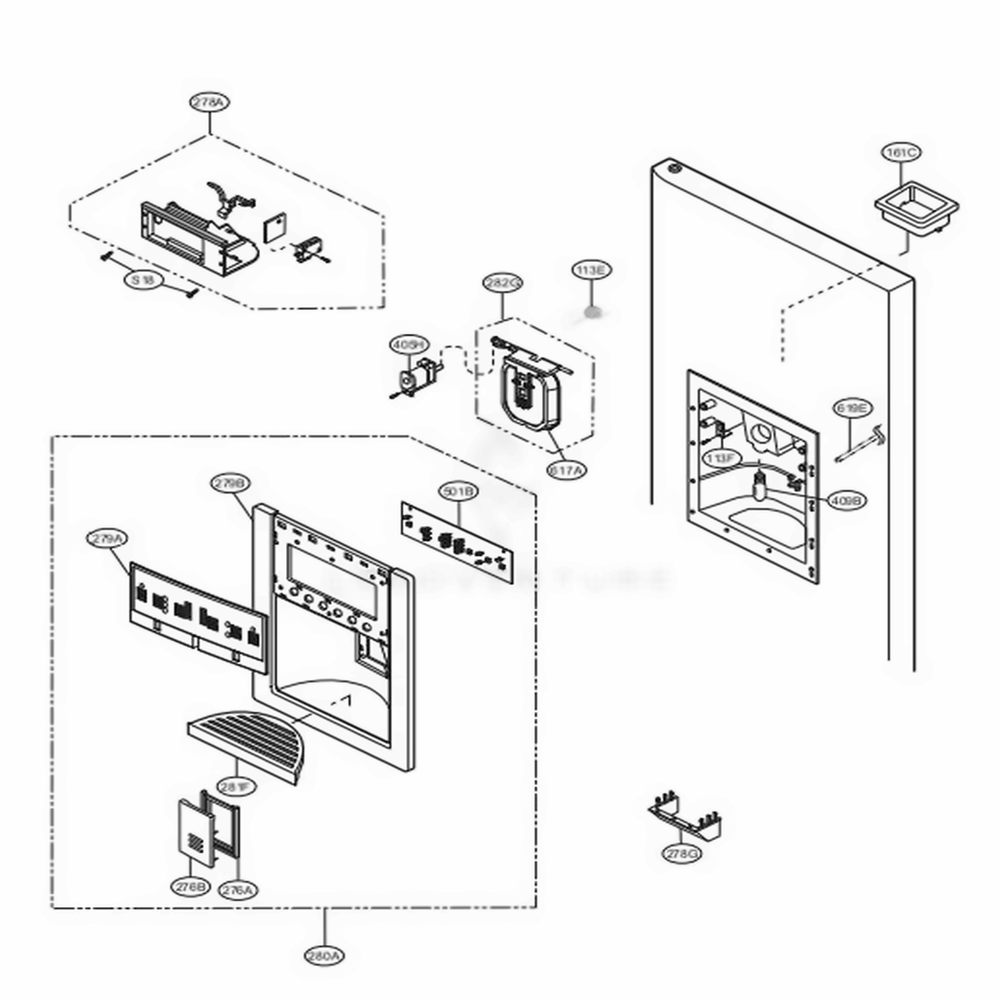 Dispenser Parts Diagram and Parts List for LSC27910SW ASW2LGA LG Refrigerator
