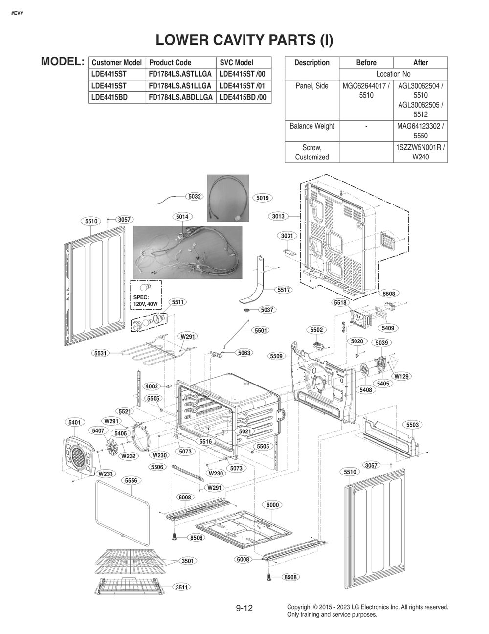 Lower Cavity Parts Diagram and Parts List for FD1784LS ASTLLGA LG Range