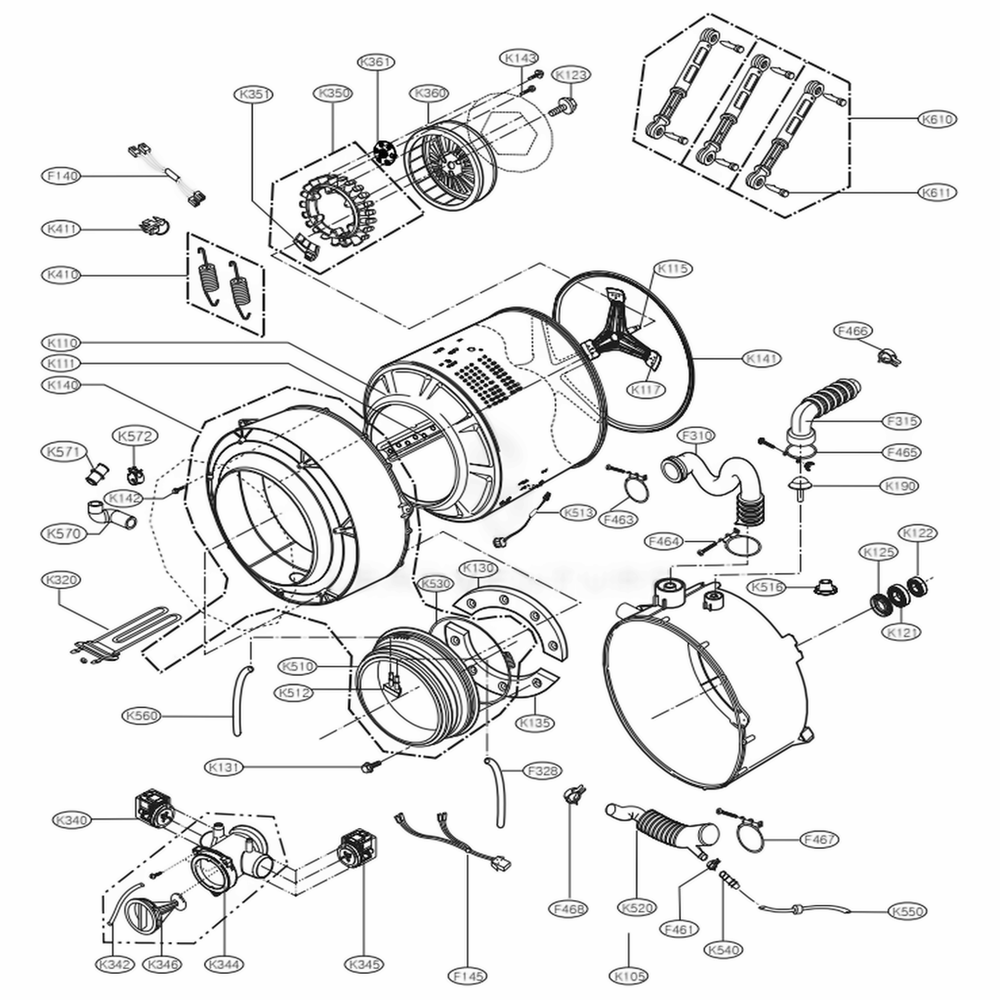 Drum And Tub Assembly Diagram and Parts List for WM2501HWA ABWEEUS LG Washer