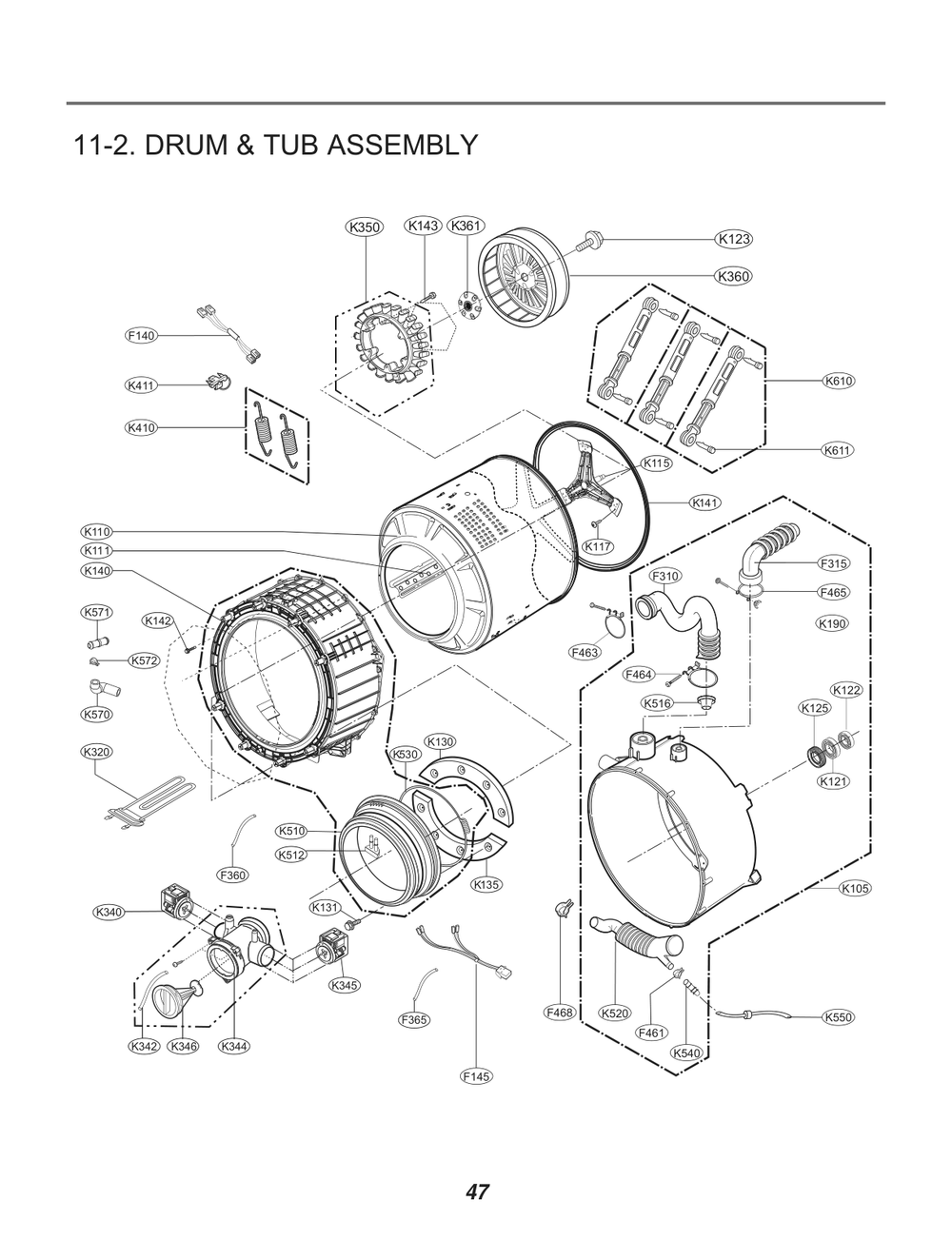 Drum And Tub Assembly Diagram and Parts List for FH069FD7F ABWEELC LG Washer