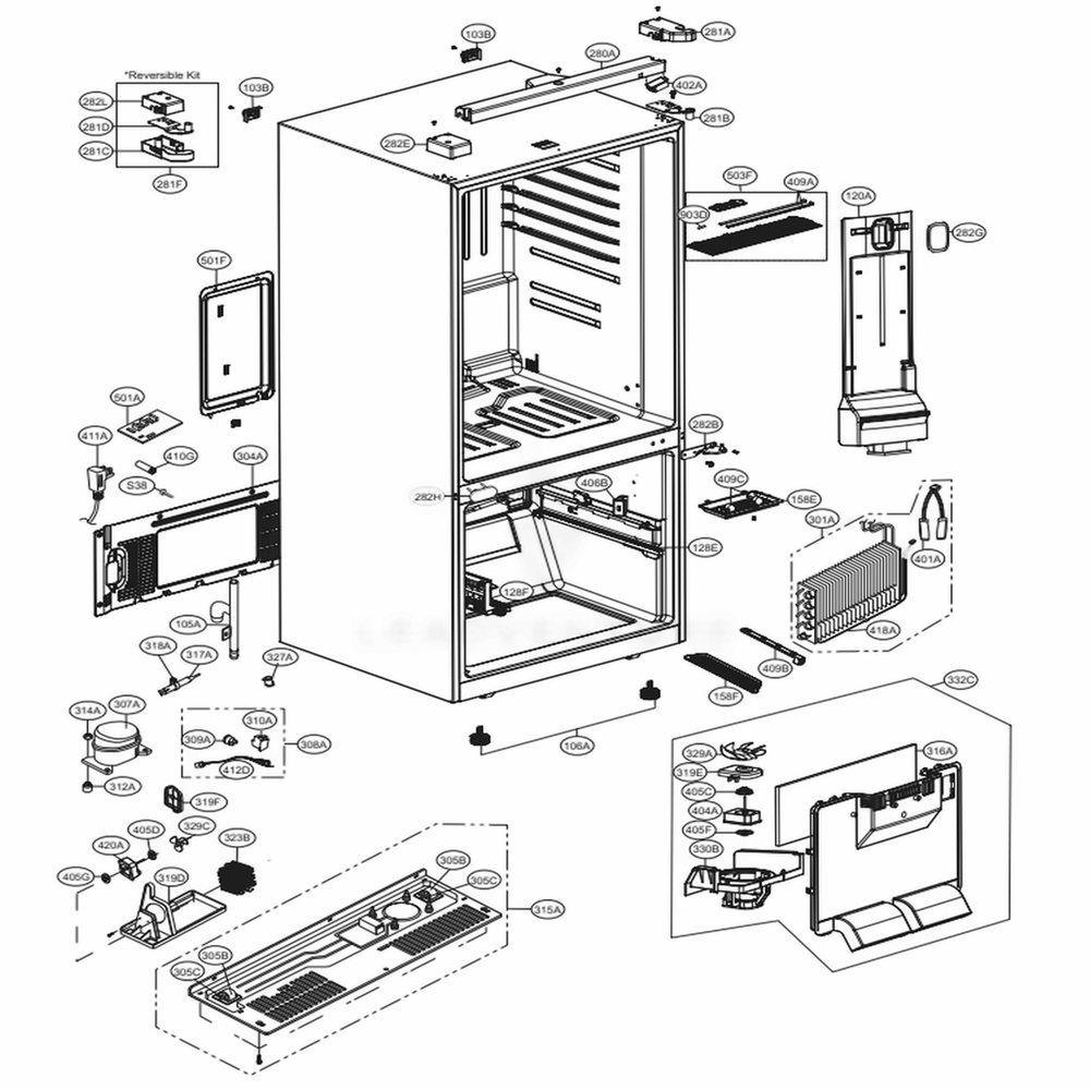 Case Parts Diagram and Parts List for LDCS24223B AWBCNA0 LG Refrigerator