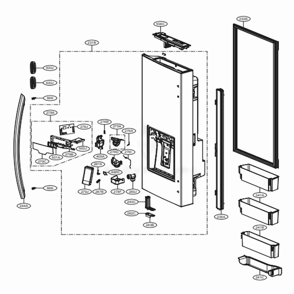 Door Parts 1 Diagram and Parts List for 75077 ASBCSE0 LG Refrigerator