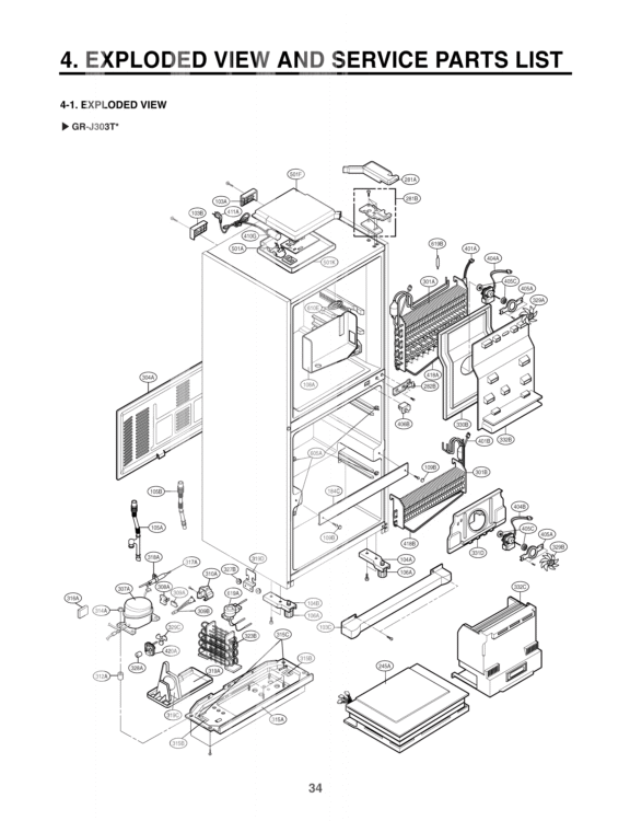 EXPLODED VIEW AND SERVICE PARTS LIST  EXPLODED VIEW Diagram and Parts List for GR-J303TG AMWCSJA LG Refrigerator