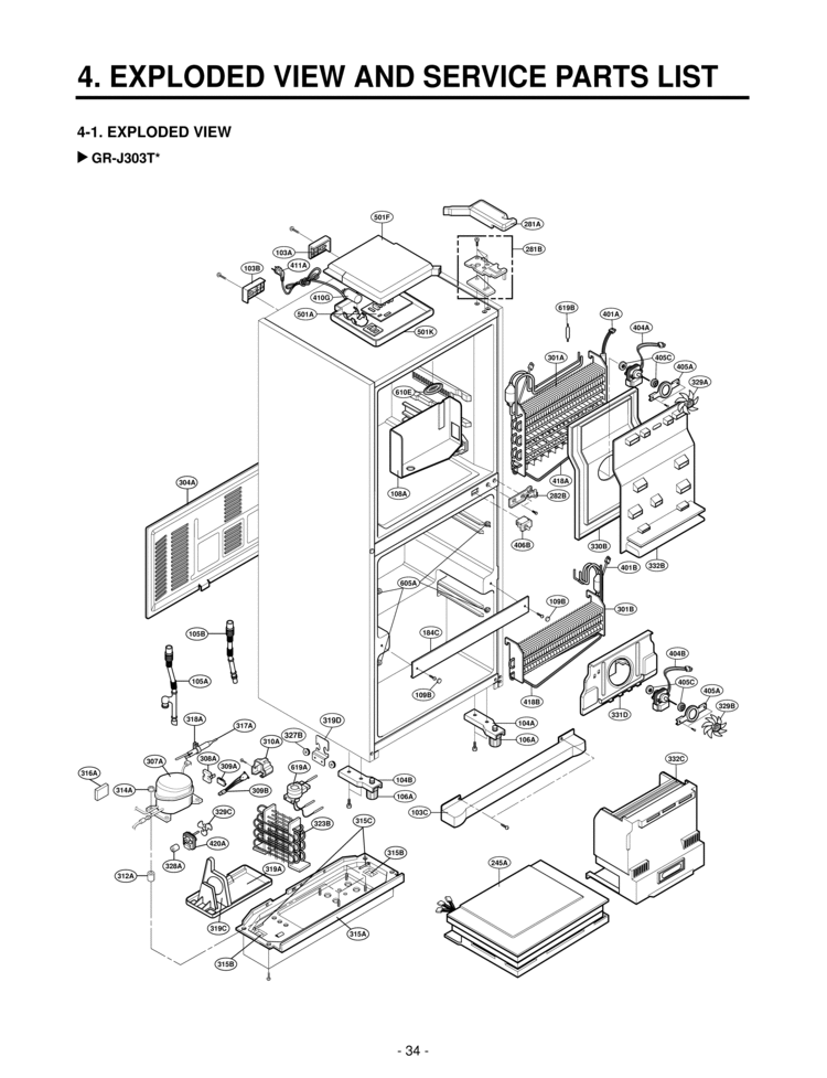 EXPLODED VIEW EXPLODED VIEW AND SERVICE PARTS LIST Diagram and Parts List for GR-J303TS GR-J303TS LG Refrigerator