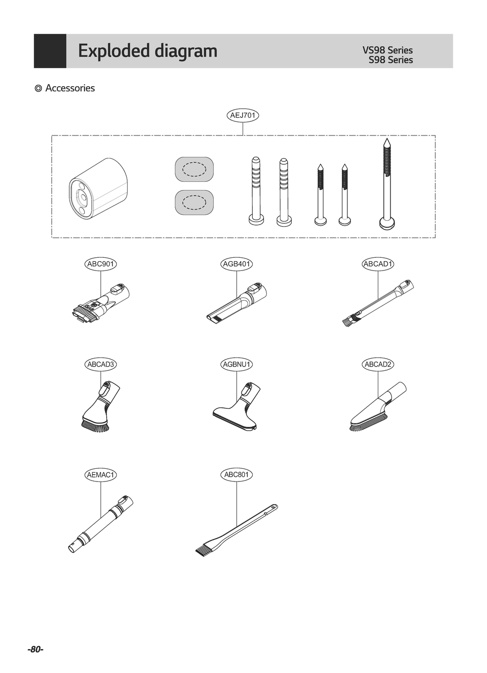 Accessories Diagram and Parts List for A925KSM BFSELGA LG Upright Vacuum