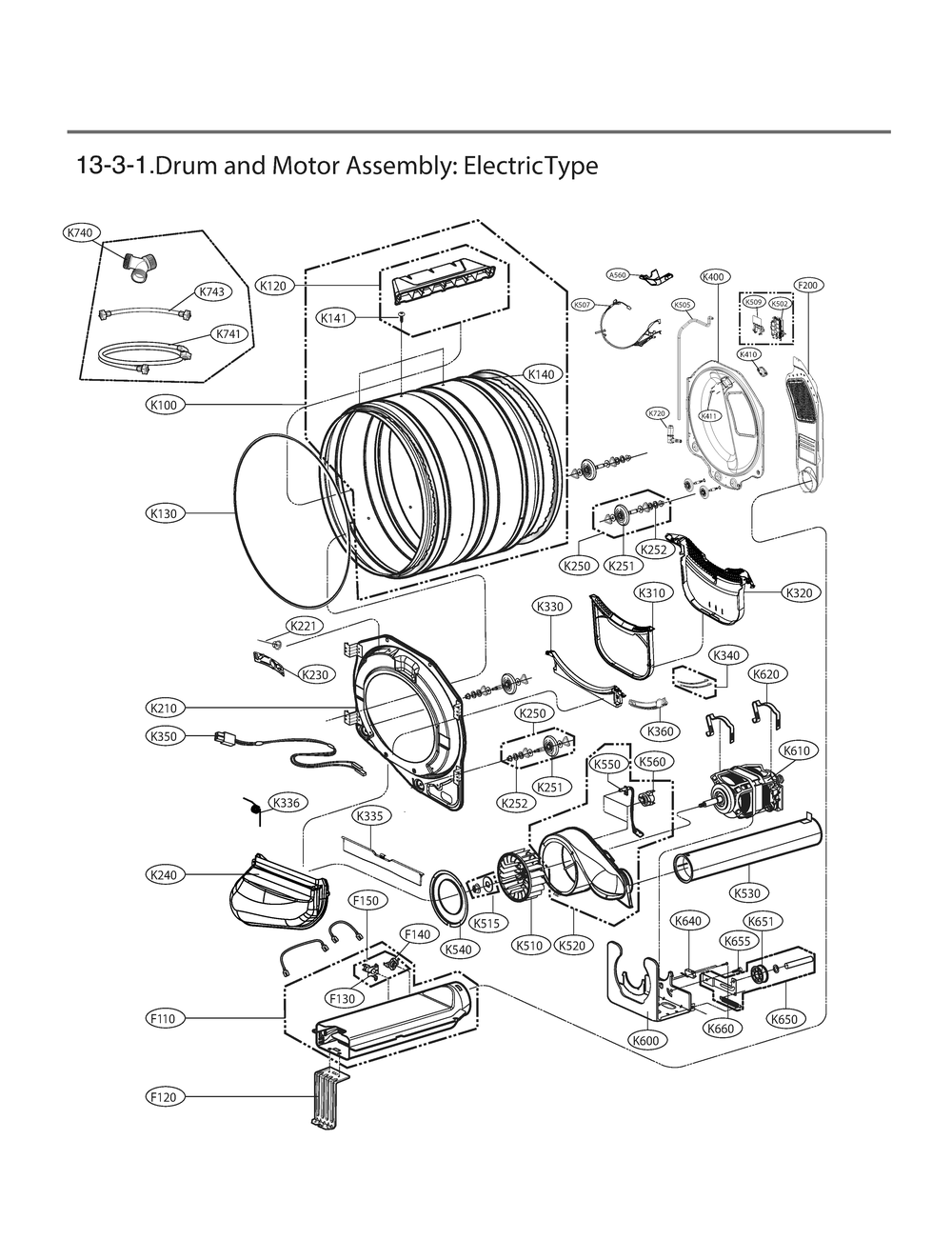 Drum And Motor Assembly Diagram and Parts List for RV13Q8ASJW ABWEEUS LG Dryer