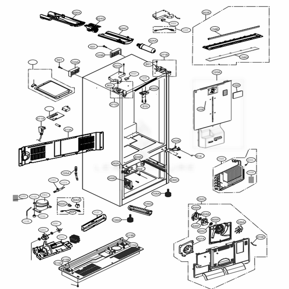 Case Parts Diagram and Parts List for LFXS28968D ASBCNA3 LG Refrigerator