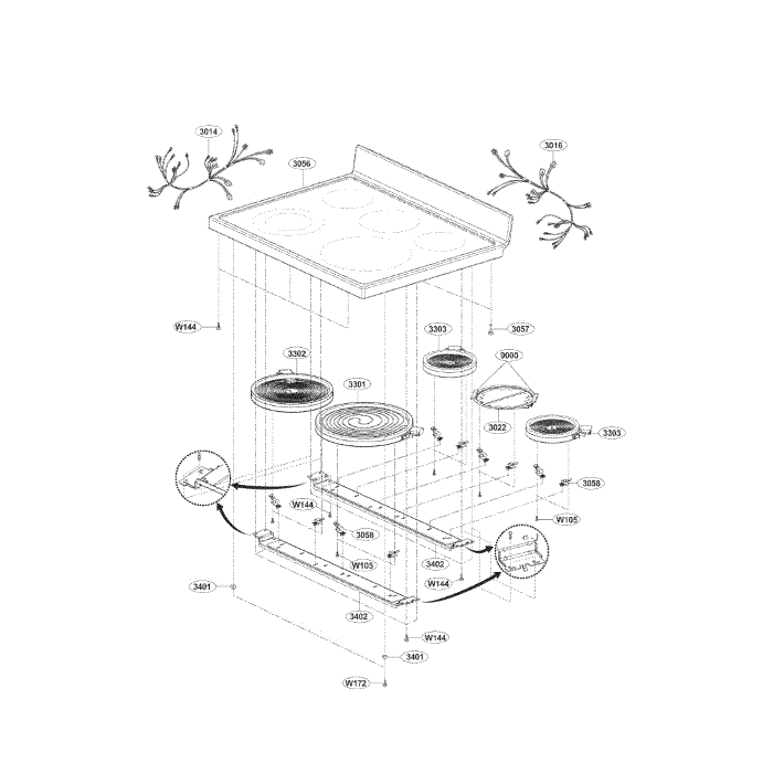 Cooktop Diagram and Parts List for LRE30453WW 01 LG Range