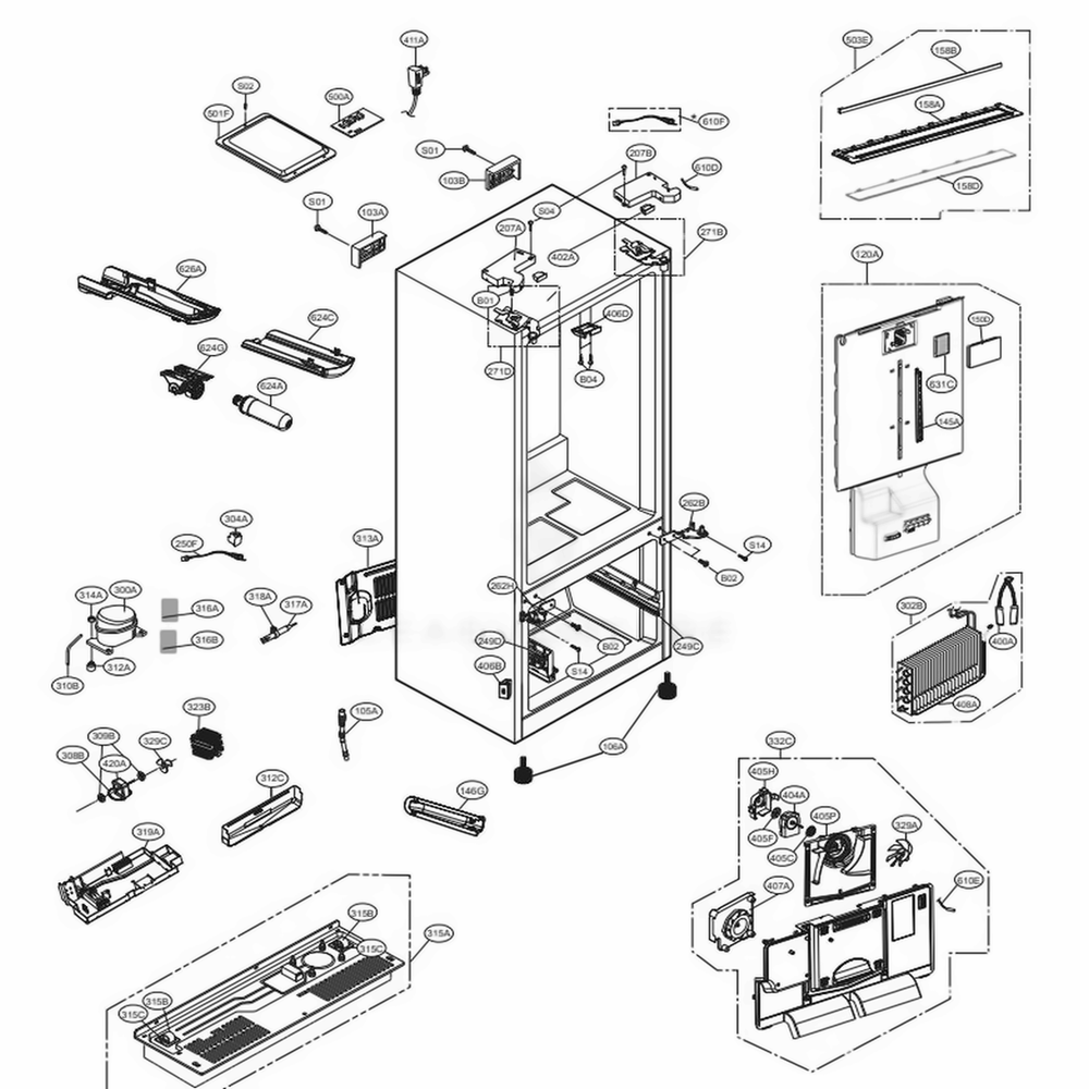 Case Parts Diagram and Parts List for LFXS28596D ASBCNA0 LG Refrigerator
