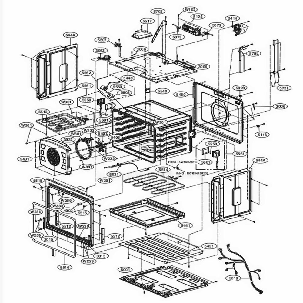 Lower Cavity Parts Diagram and Parts List for LWD3063ST AS1LLGA LG Wall Oven