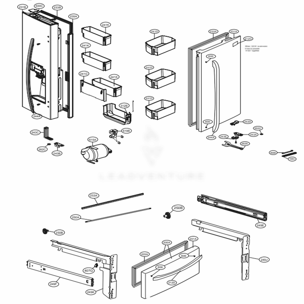 Door Parts Diagram and Parts List for 73109 AWBCSE2 LG Refrigerator