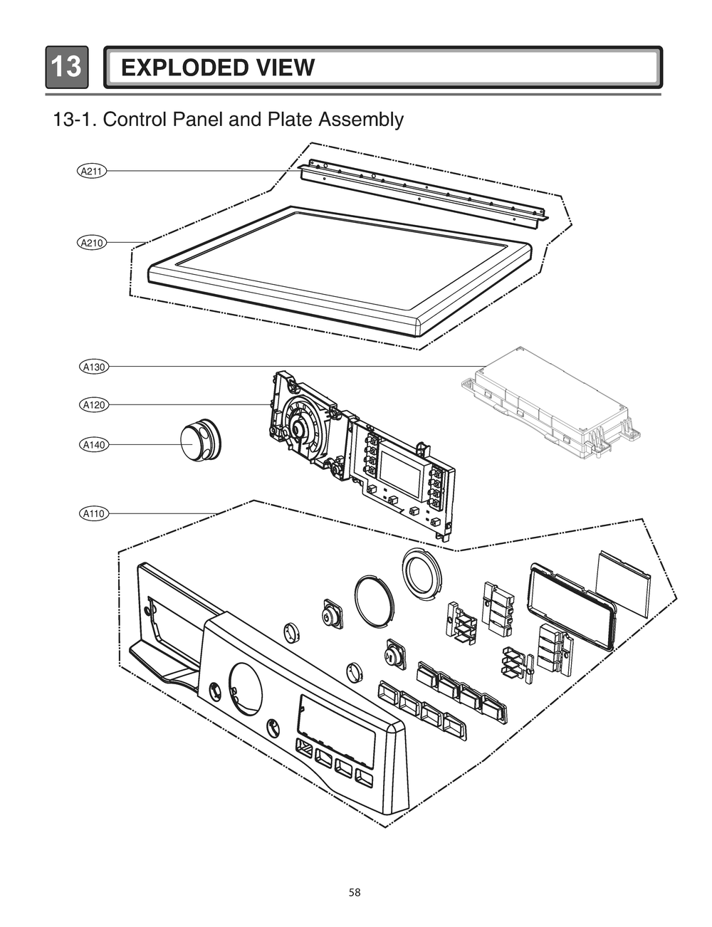 Control Panel And Plate Assembly Diagram and Parts List for RN1394ES ASSEEUS LG Dryer