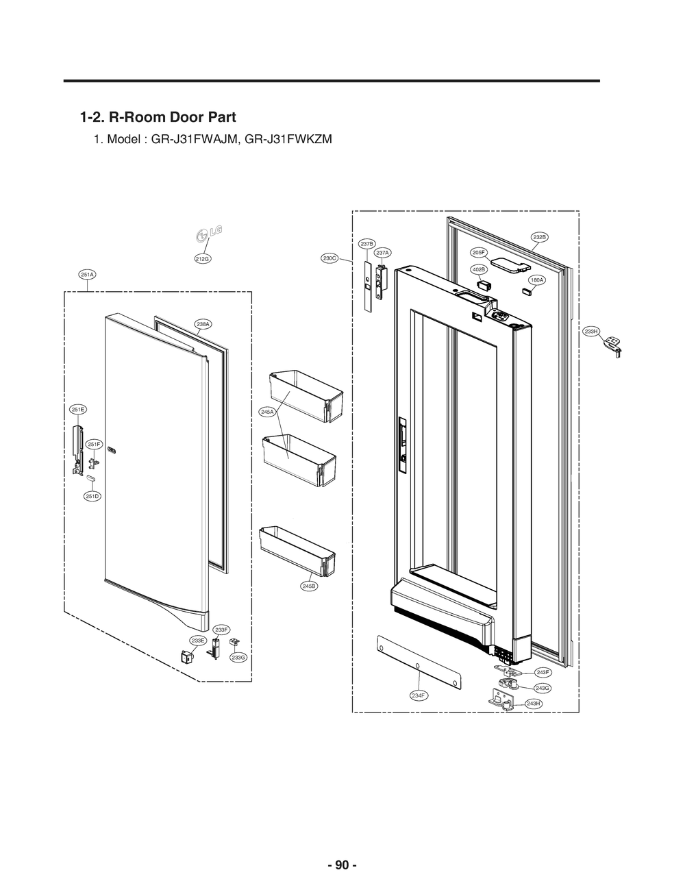 R-Room Door Part 2 Diagram and Parts List for GR-J31FWAJM ASBCNA0 LG Refrigerator