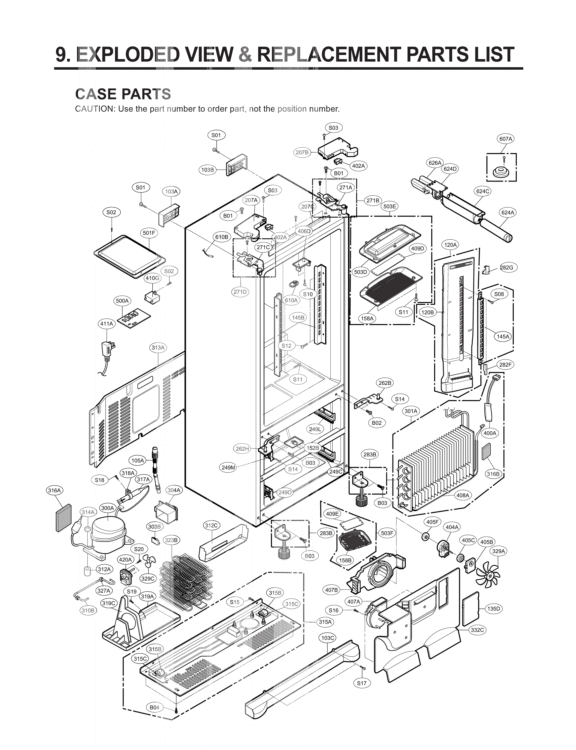 CASE PARTS   EXPLODED VIEW & REPLACEMENT PARTS LIST Diagram and Parts List for LMX25981ST ASTCLGA LG Refrigerator