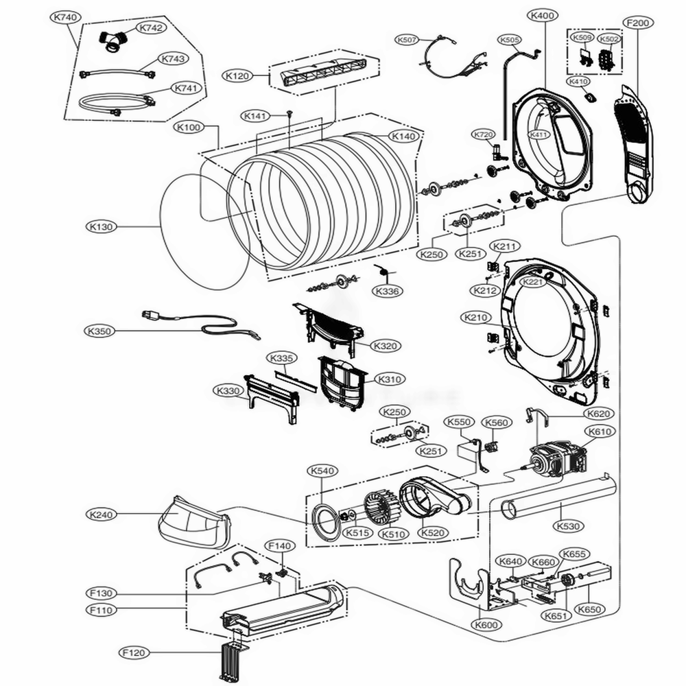Drum And Motor Assembly Diagram and Parts List for DLEX9500W ABWEEUS LG Dryer