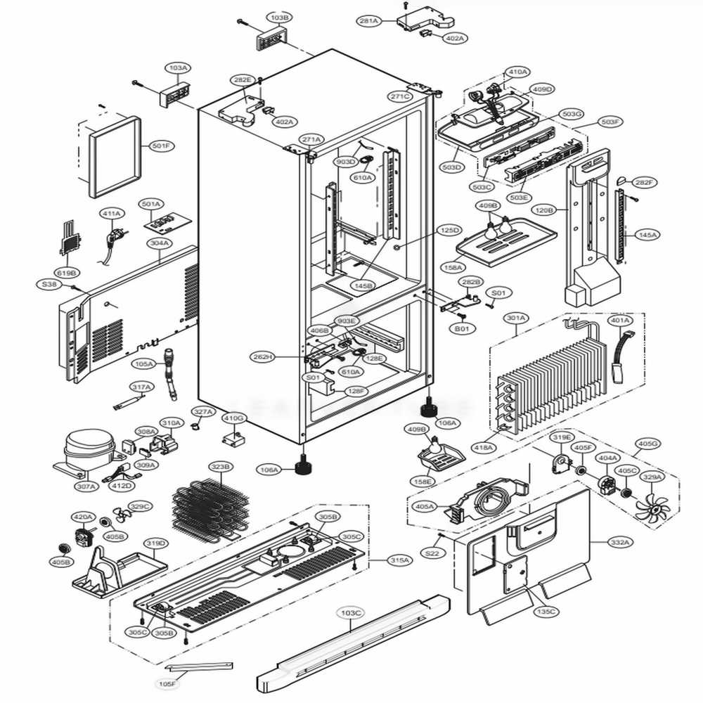 Case Parts Diagram and Parts List for 78306 ATI5SER LG Refrigerator