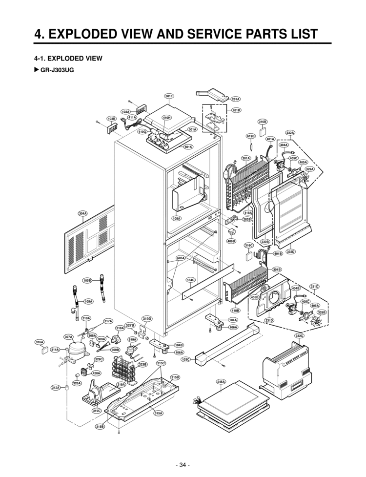 EXPLODED VIEW EXPLODED VIEW AND SERVICE PARTS LIST Diagram and Parts List for GR-J303UG  LG Refrigerator