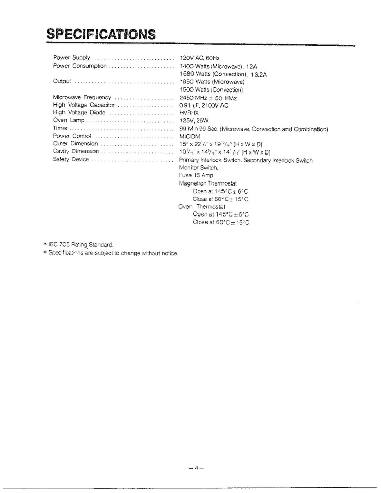 Specifications Diagram and Parts List for MH-1355M  LG Microwave