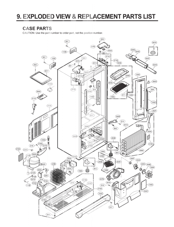 CASE PARTS   EXPLODED VIEW & REPLACEMENT PARTS LIST Diagram and Parts List for LFX25971SW LFX25971SW /01 LG Refrigerator